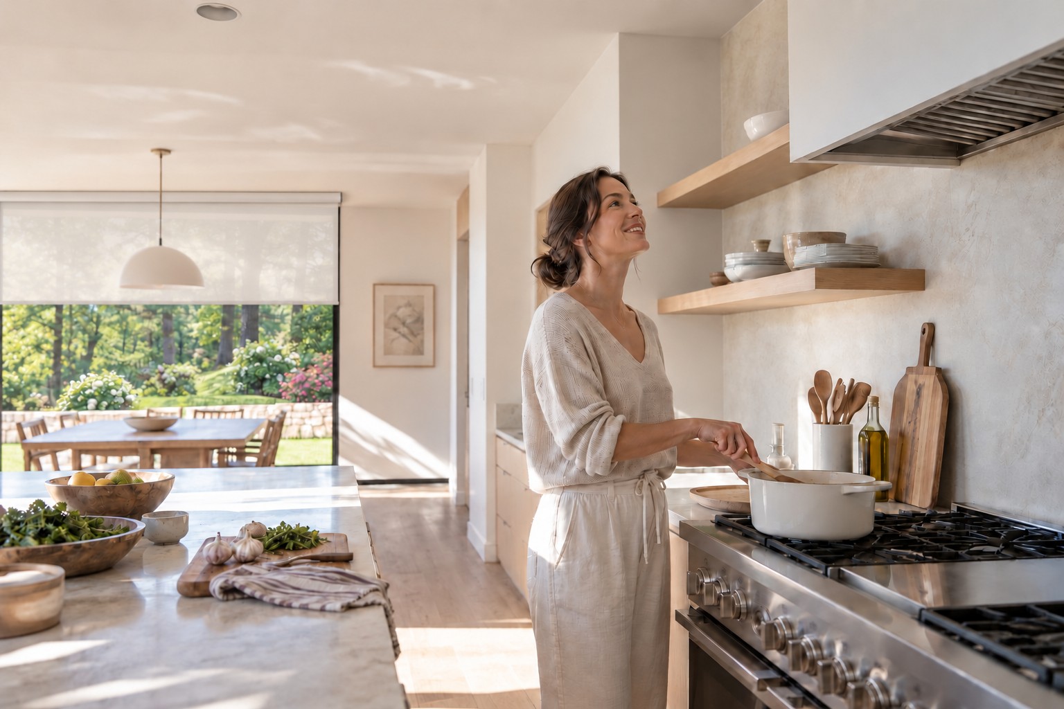 Person cooking hands-free in an airy kitchen with a discreet voice sensor