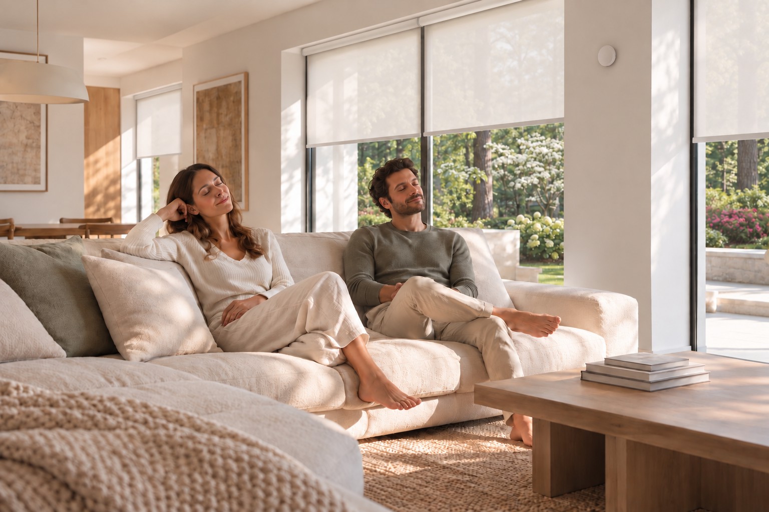 People relaxing in a living space with discreet voice control
