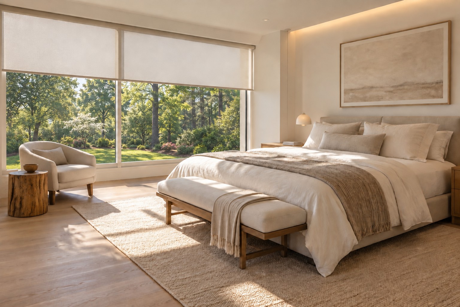 Morning bedroom with raised roller shades and soft lighting