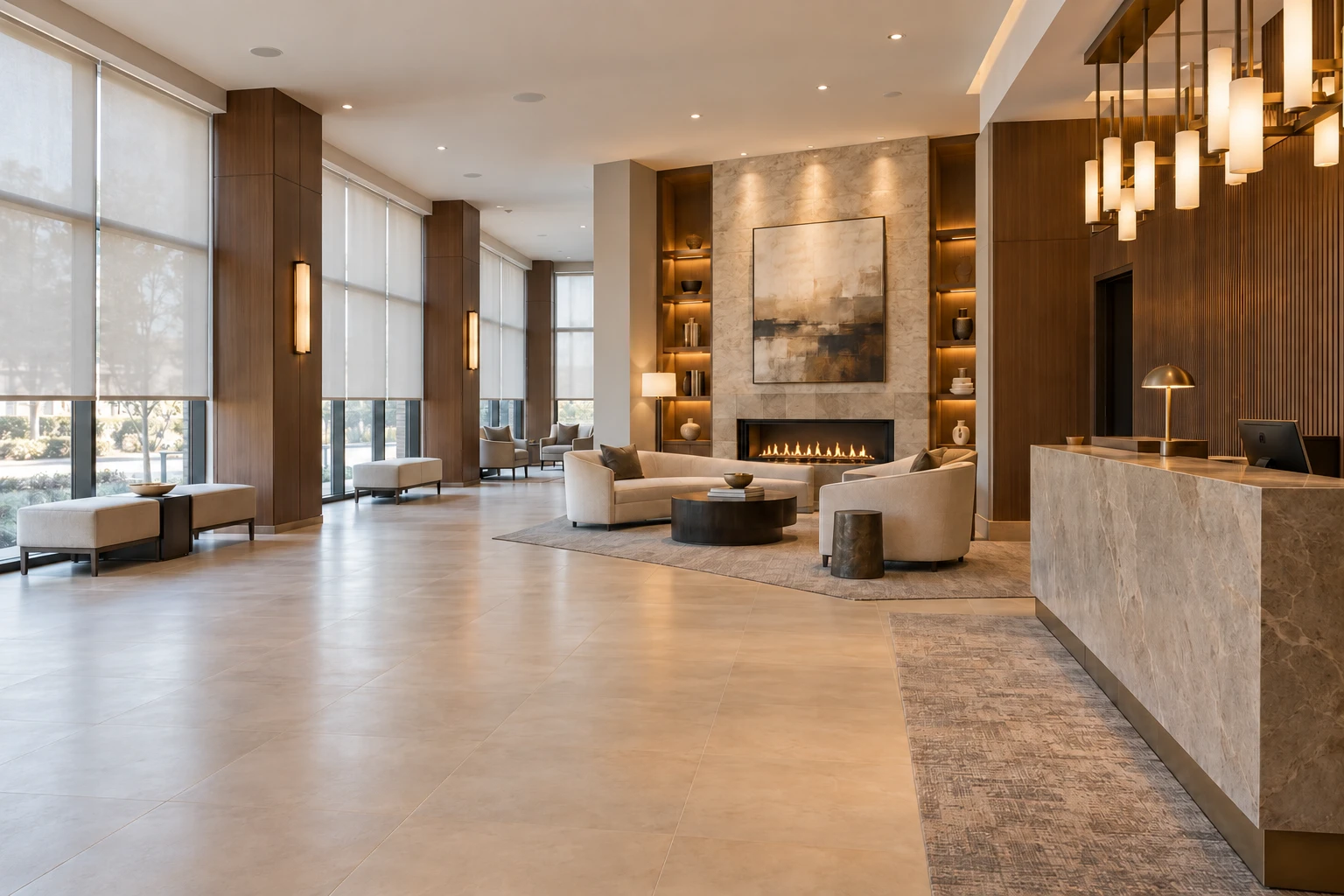 Hospitality lounge with coordinated lighting and interior roller shades