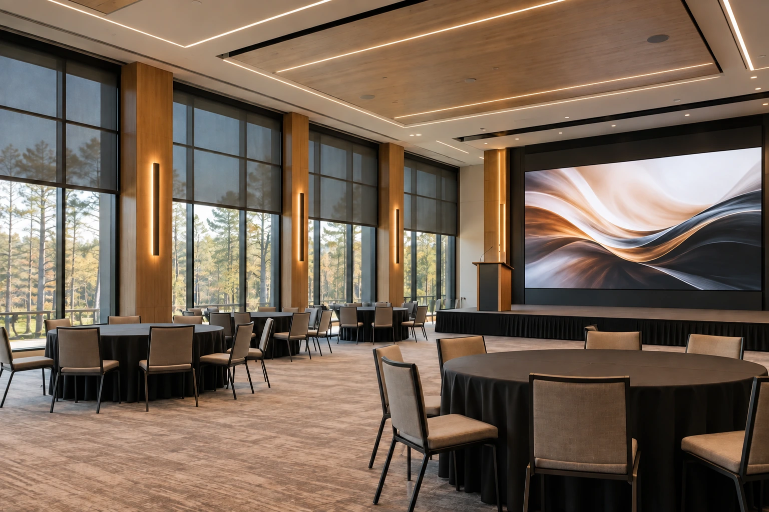 Commercial multipurpose room with coordinated architectural lighting, interior roller shades, ceiling audio, and a seamless MicroLED video wall