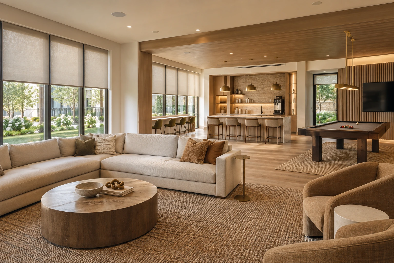 Apartment resident clubhouse with lounge seating, billiards, coworking space, and interior roller shades