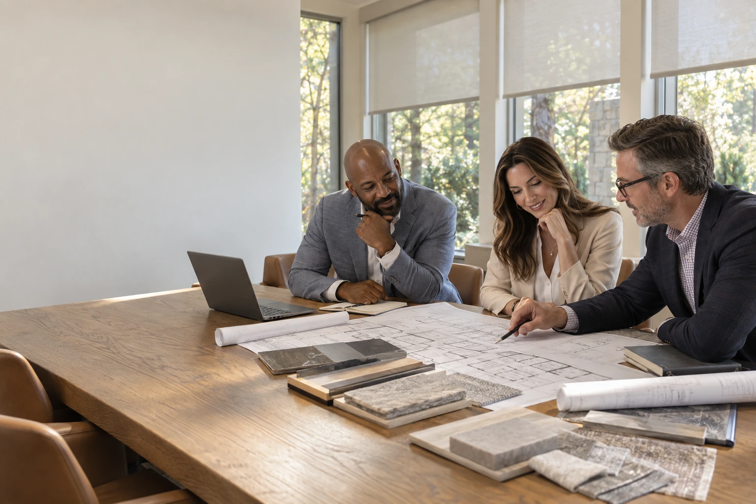 Property owner, architect, and technology consultant reviewing commercial floor plans together