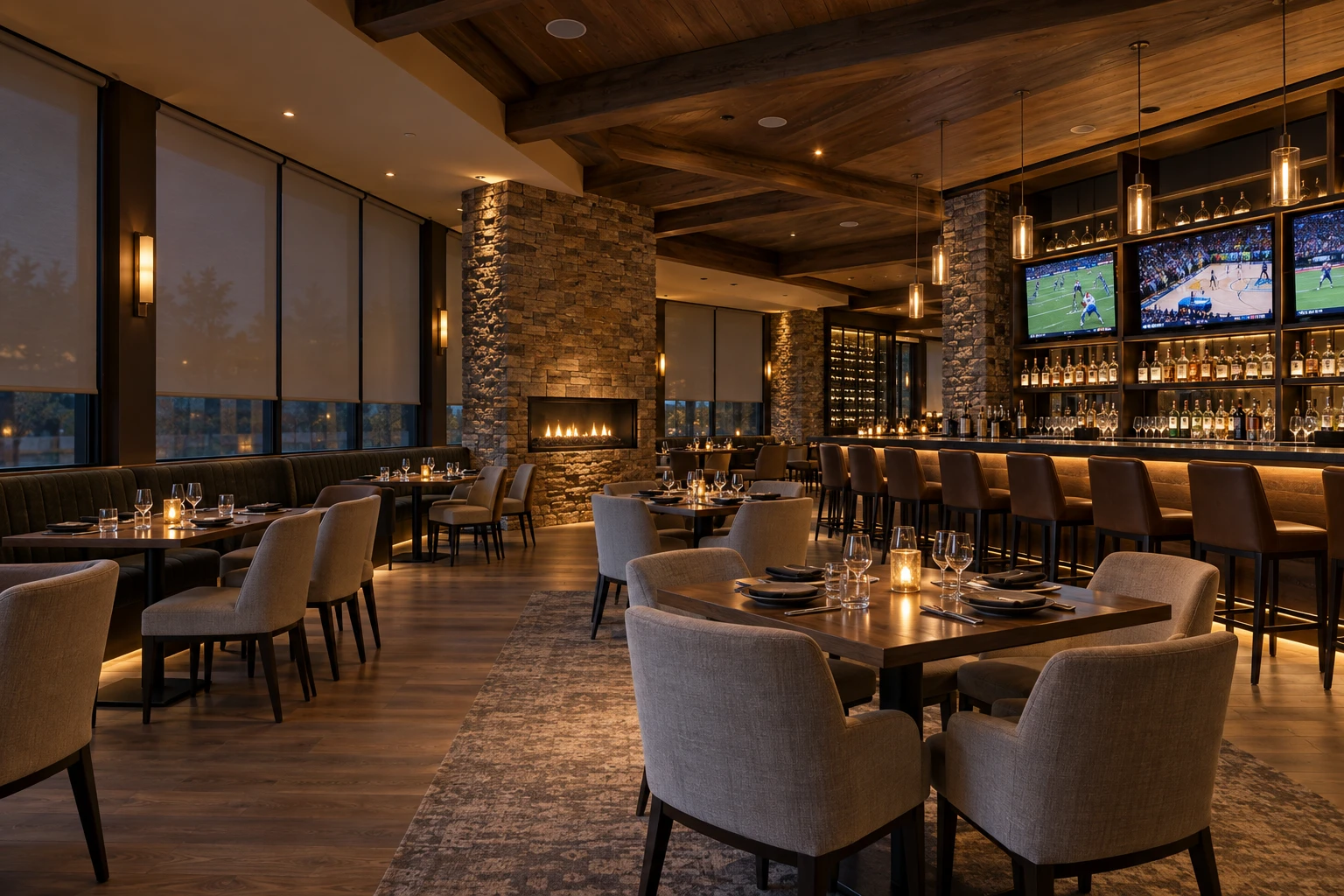 Restaurant with warm lighting, sports displays, and interior roller shades