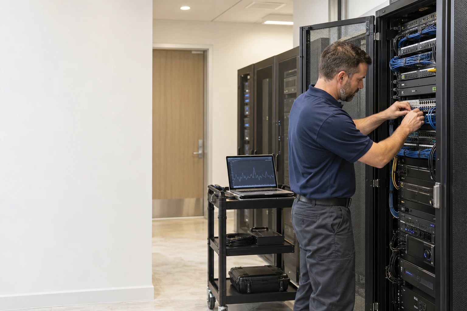 Technician maintaining an organized commercial AV and network rack