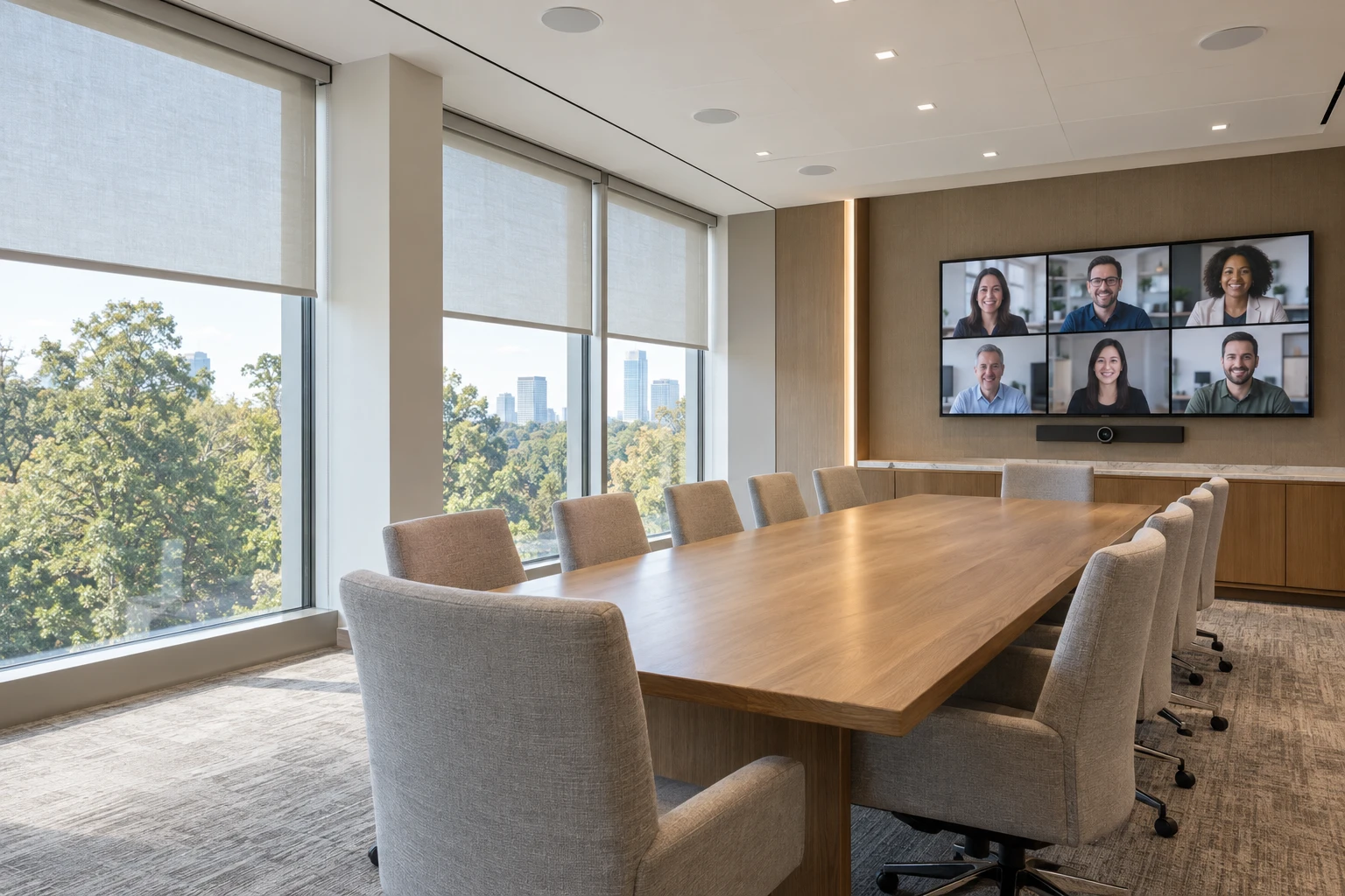 Boardroom with integrated conferencing, ceiling audio, and interior roller shades