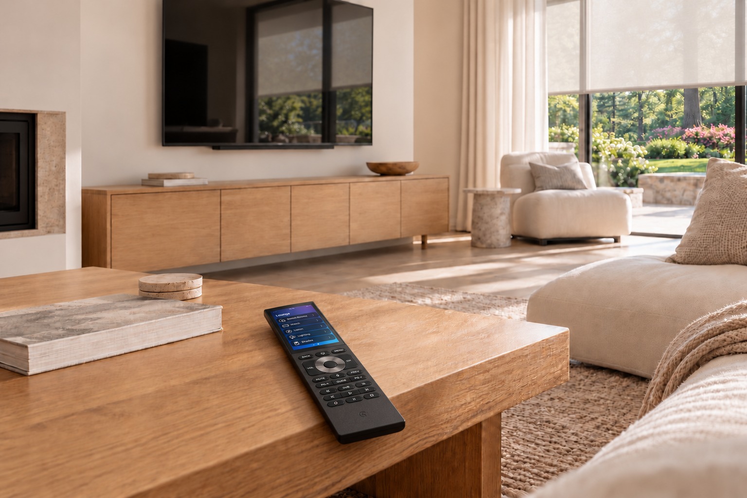 Control4 Halo Touch remote with color touchscreen in a comfortable media lounge
