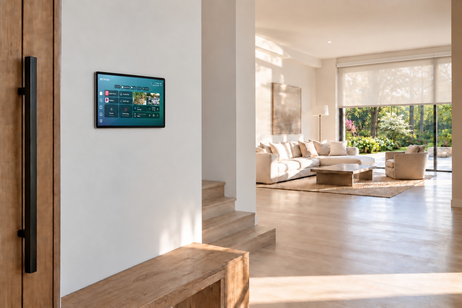 Discreet wall touchscreen in an airy entrance