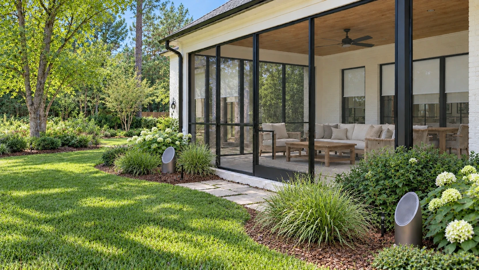 Georgia garden and screened patio in daylight with landscape lights off