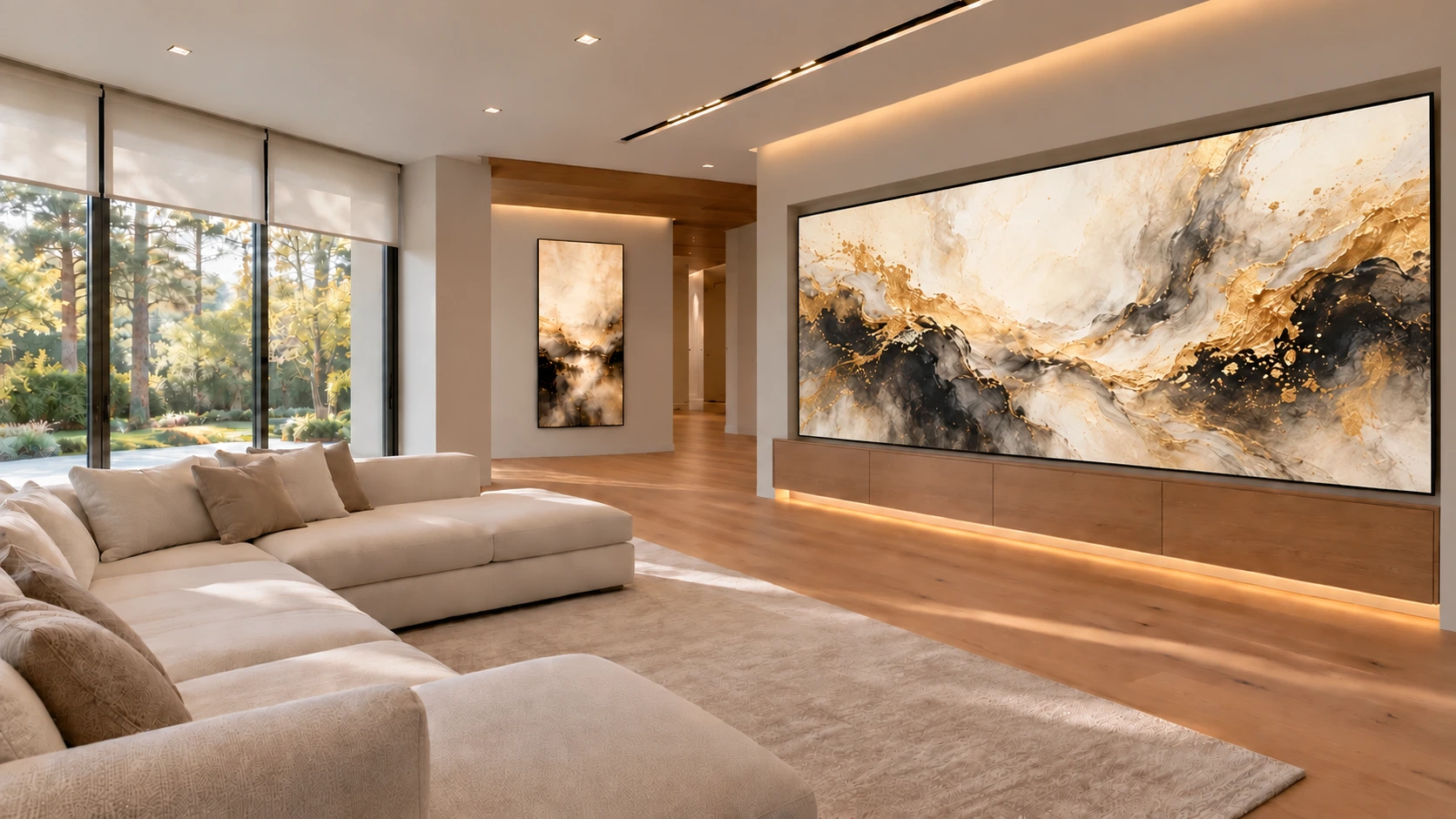 Digital abstract artwork on the living room MicroLED wall