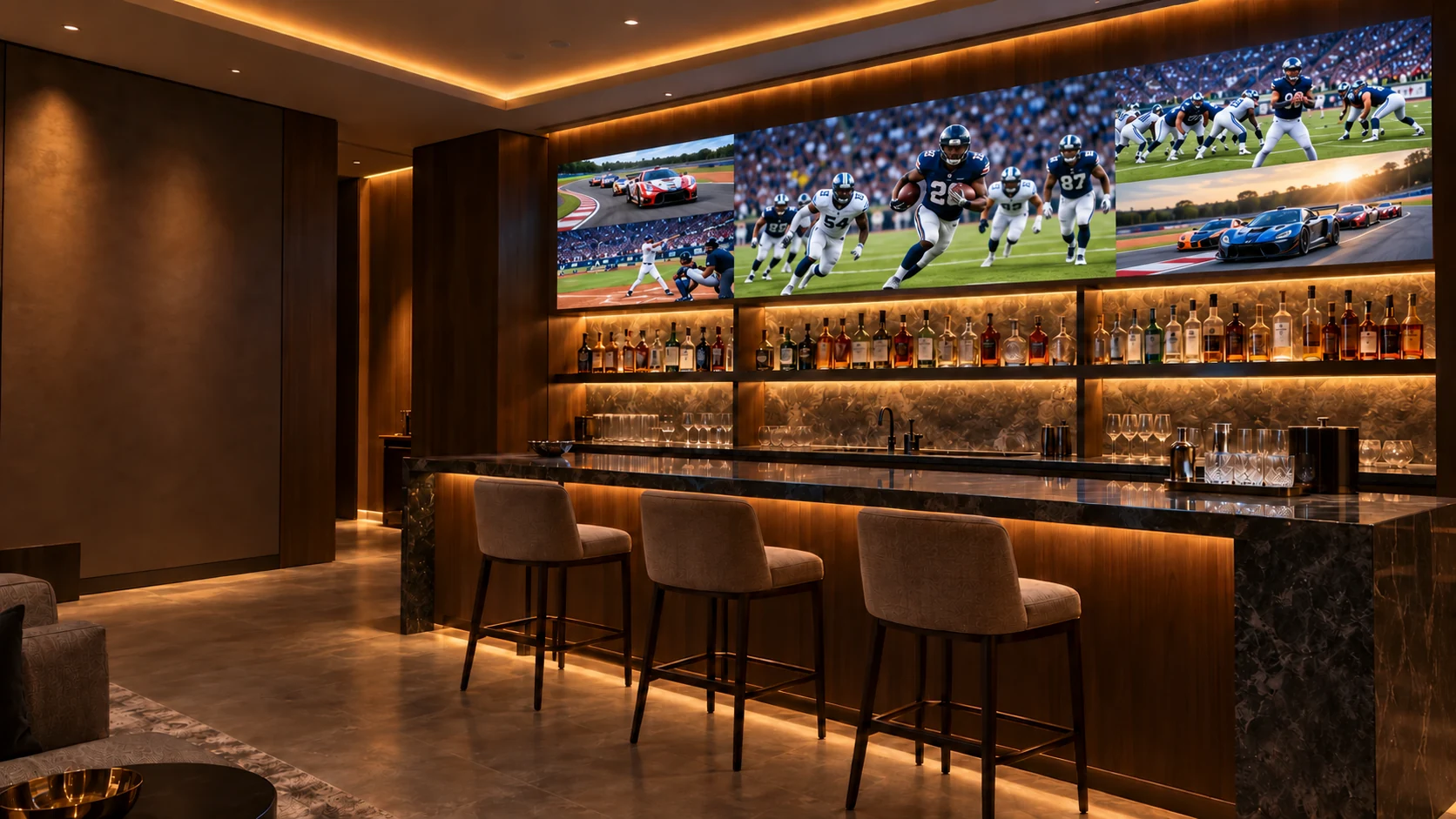 Modern bar with one continuous MicroLED display above the liquor wall: a large 16:9 center view and four smaller 16:9 sports views stacked at the sides