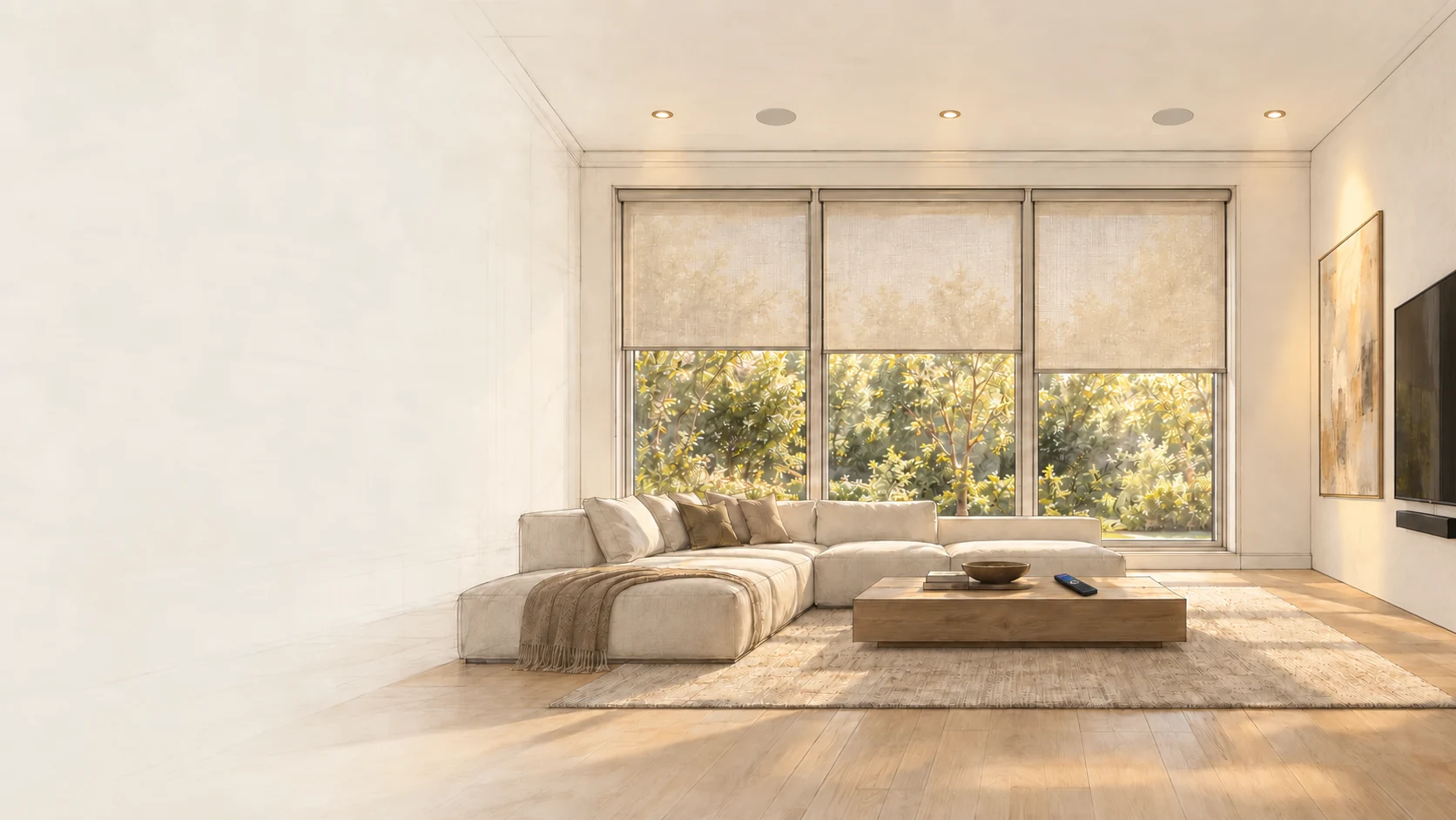 Living room with recessed lighting, interior roller shades, in-ceiling speakers, a Halo Touch remote on the coffee table, and a smooth TV wall
