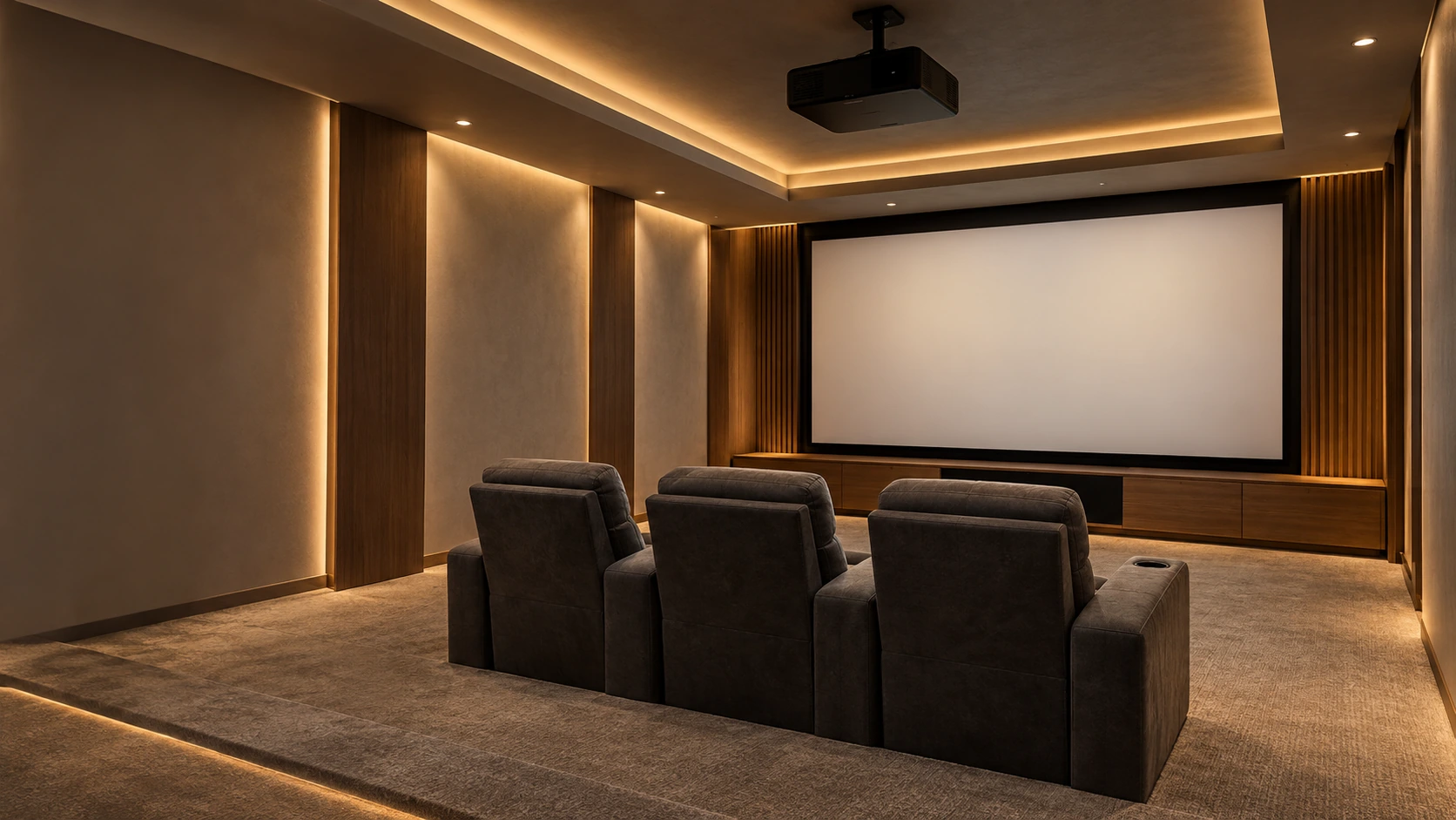 Dedicated modern home theater with one row of three seats, a large projection screen, and a ceiling projector