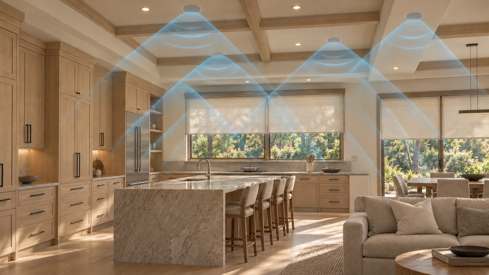 Bright kitchen and living space with in-ceiling speakers and translucent blue sound-wave illustrations