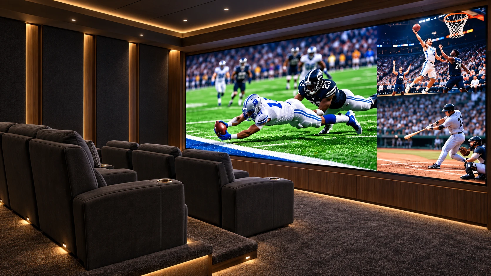 Illustrative dedicated home theater with tiered recliners, acoustic panels, warm lighting, and one seamless MicroLED screen displaying sports without internal bezels