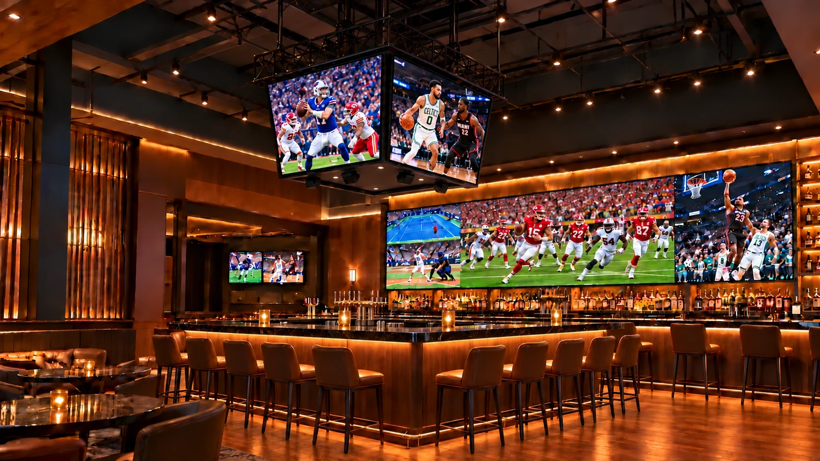 Sports bar with a square island bar and leather stools beneath a smaller suspended four-sided jumbotron with square video panels angled down toward the seating, plus a seamless MicroLED sports wall above the rear bar