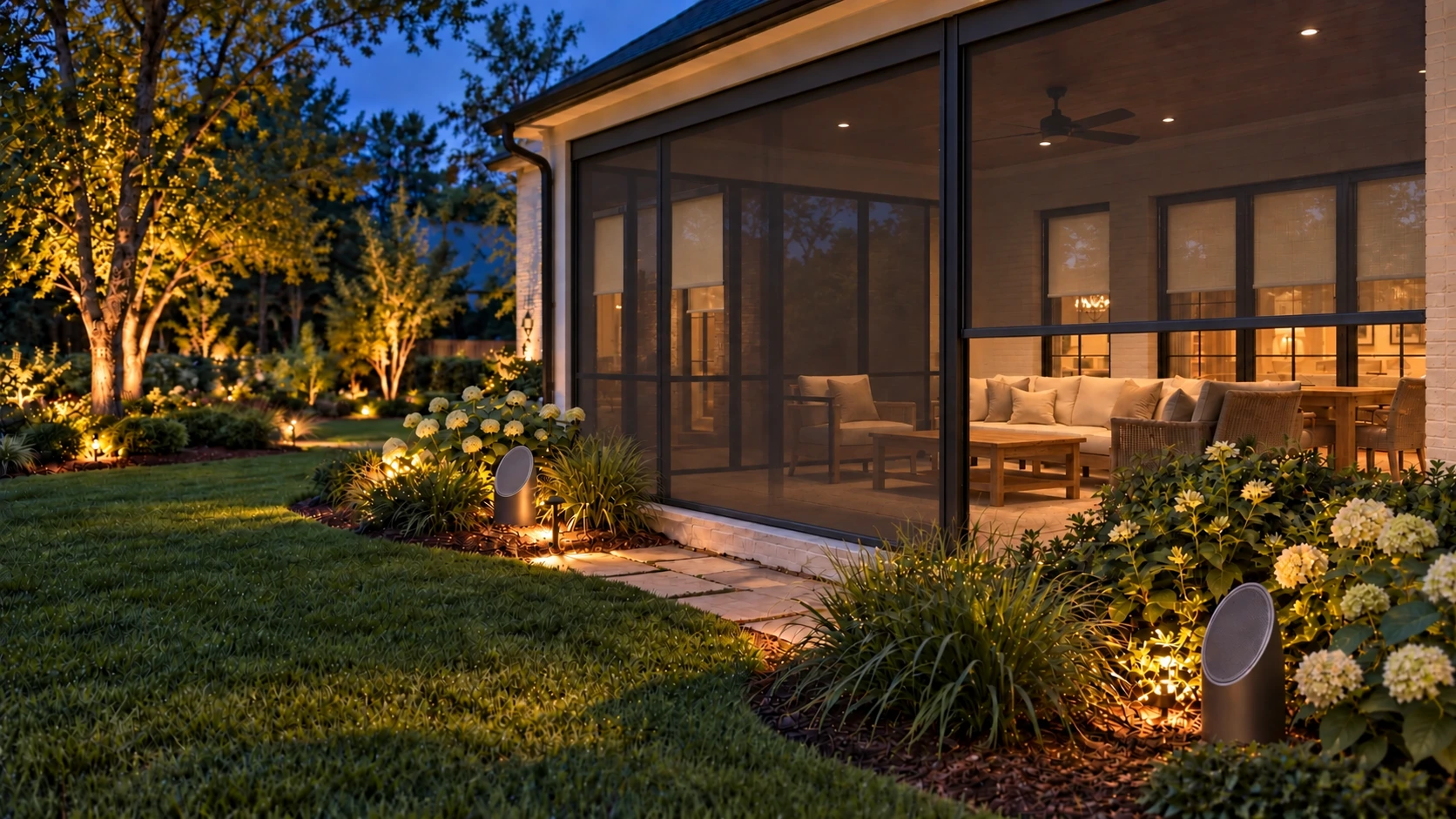Evening Georgia garden with landscape lighting, Coastal Source-style speakers, and KAOS-style retractable patio screens