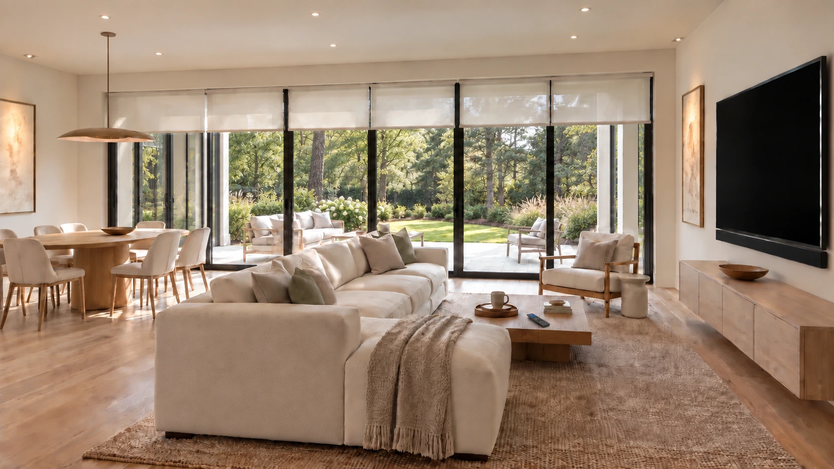 Airy living and dining room with natural morning light, roller shades, a TV-width soundbar, and recessed art lighting
