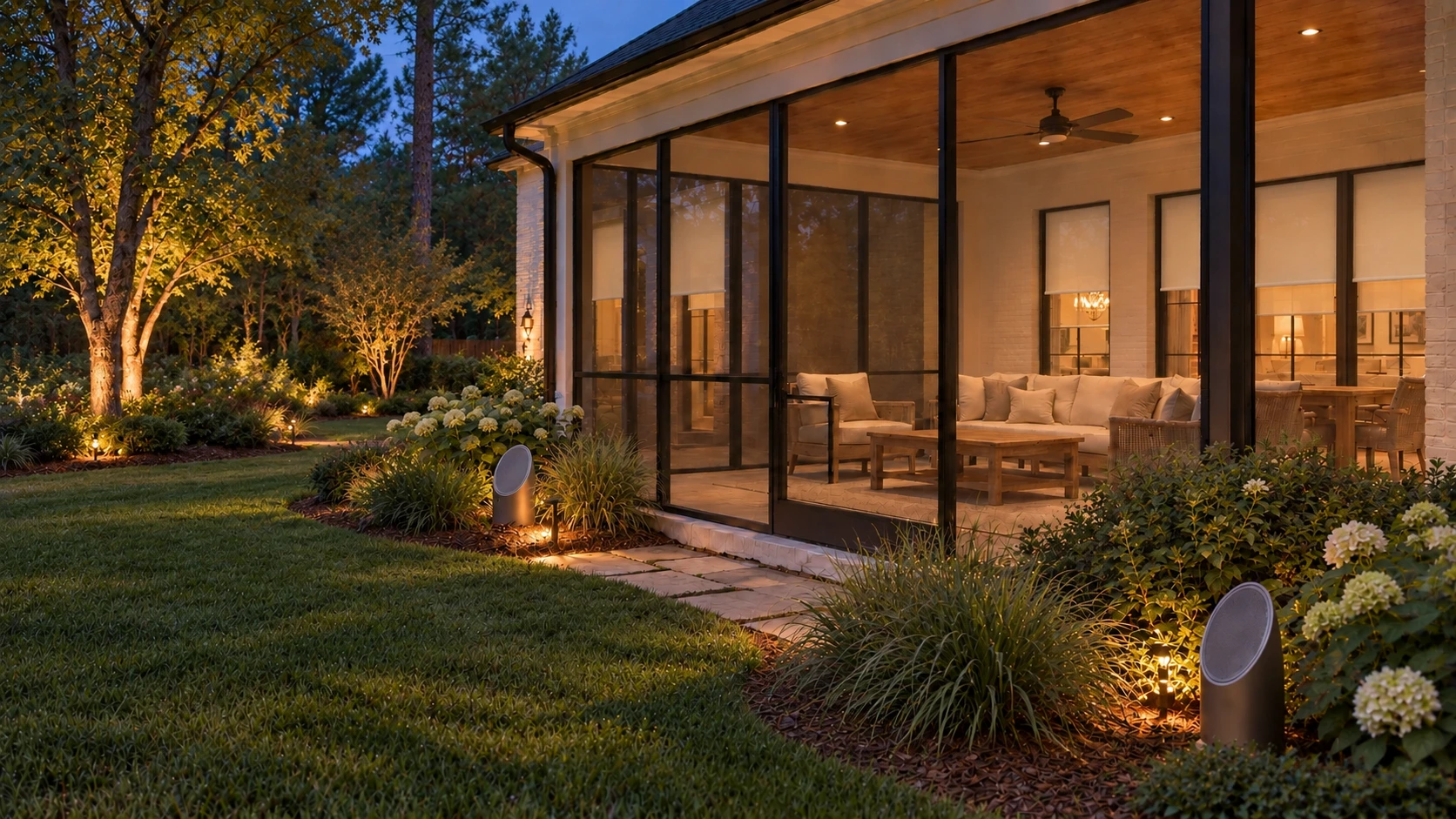 The patio at dusk with warm tree uplighting, planting accents and pathway lighting