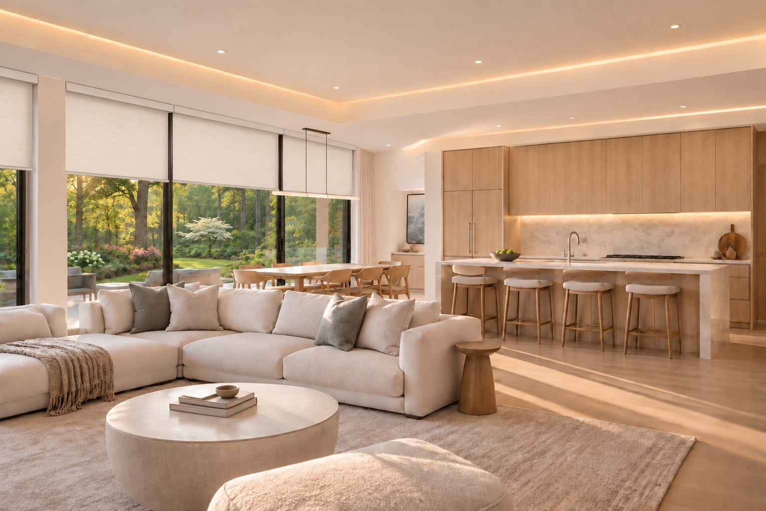 Airy kitchen and living area with layered architectural lighting